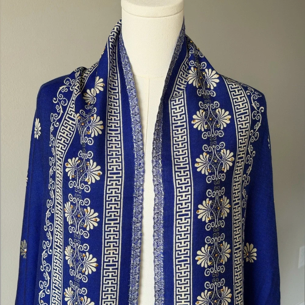 Reversible Mamta Sapphire Blue and Ivory Floral Shawl Scarf with Rhinestones .